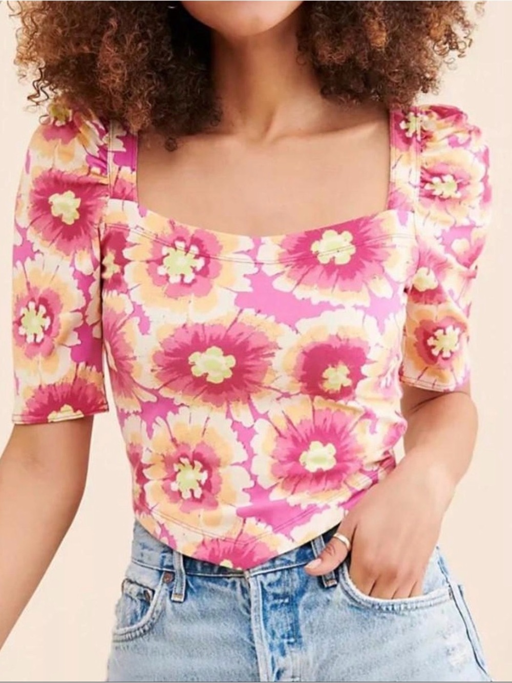 Free People Floral Square Puff Sleeve Give Me More Crop Top Cotton Cottagecore M
